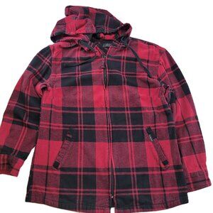 Five Brother Jacket Women's M Red Black Plaid Full Zip Flannel Hood Work Utility